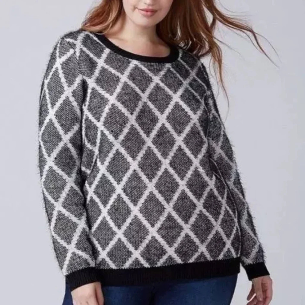 Lane Bryant | Black & White Diamond-Pattern Cozy Fuzzy Sweater